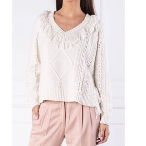 TWIN-SET MILANO KNITTED WOOL SWEATER WITH "V" NECKLINE FRINGE HEM CREAM- L